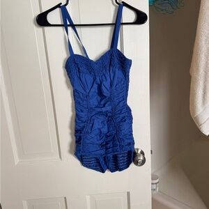 Blue Retro One Piece Swimsuit with Ruched Detailing